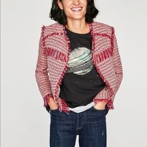 Zara Red Tweed Fringe Frayed Blazer Jacket
